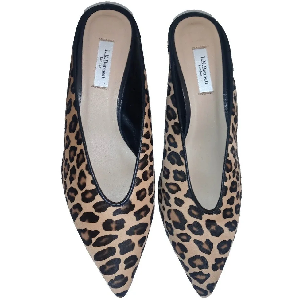 L K BENNETT CELIA Mules Slides Calf Hair LEATHER Shoes 39.5 Heels Leopard 9/9.5